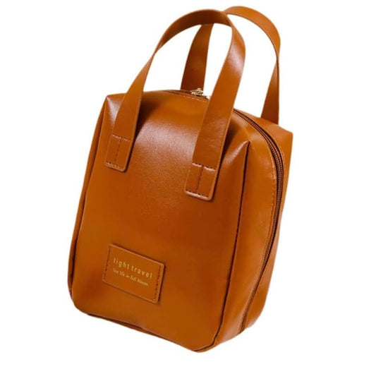 Minimalist Tan Brown Leather Handbag: Compact Travel Tote - Shamus & Co