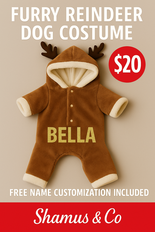 Furry reindeer dog costume with 'Bella' on a beige background, Shamus & Co branding.